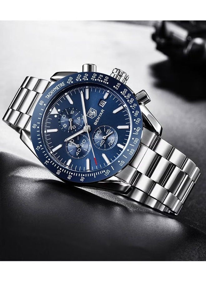 Men's quartz watches, waterproof sports chronograph watches, men's automatic date watches, dial 45mm BY5140 Silver Blue