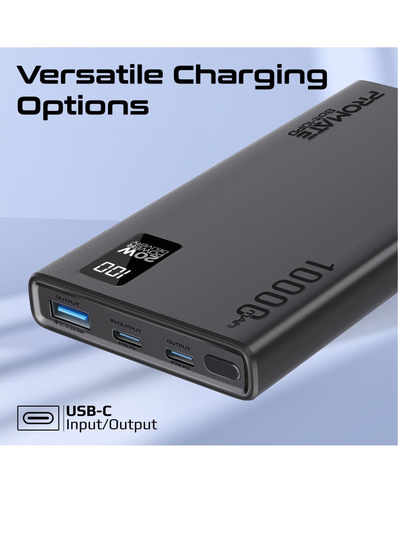 10000 mAh Ultra-Slim Power Bank With 20W USB-C Input/Output Port QC 3.0 Output Black