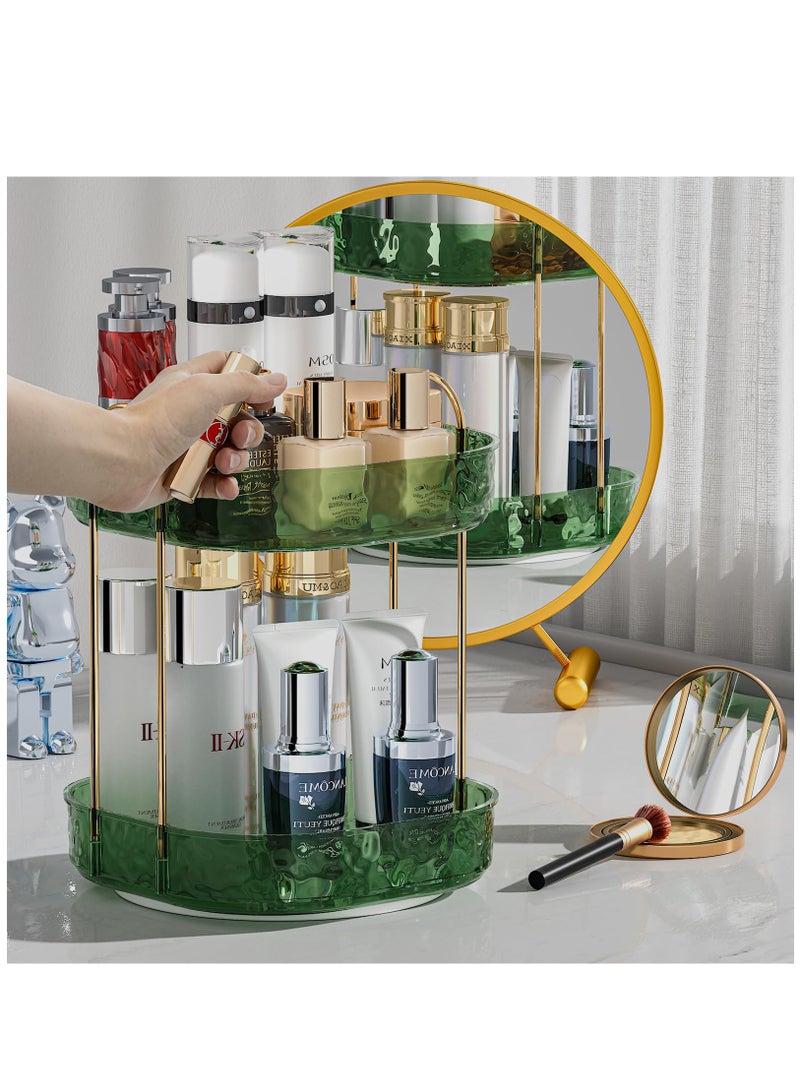 360° Rotating Makeup Organizer with Perfume Holder - Stylish 2-Tier Bathroom Storage for Jewelry, Brushes & Lipsticks, Space-Saving Green Design