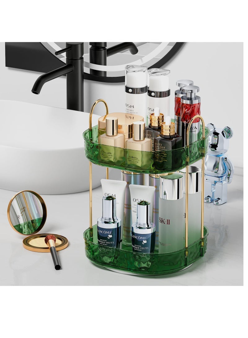 360° Rotating Makeup Organizer with Perfume Holder - Stylish 2-Tier Bathroom Storage for Jewelry, Brushes & Lipsticks, Space-Saving Green Design