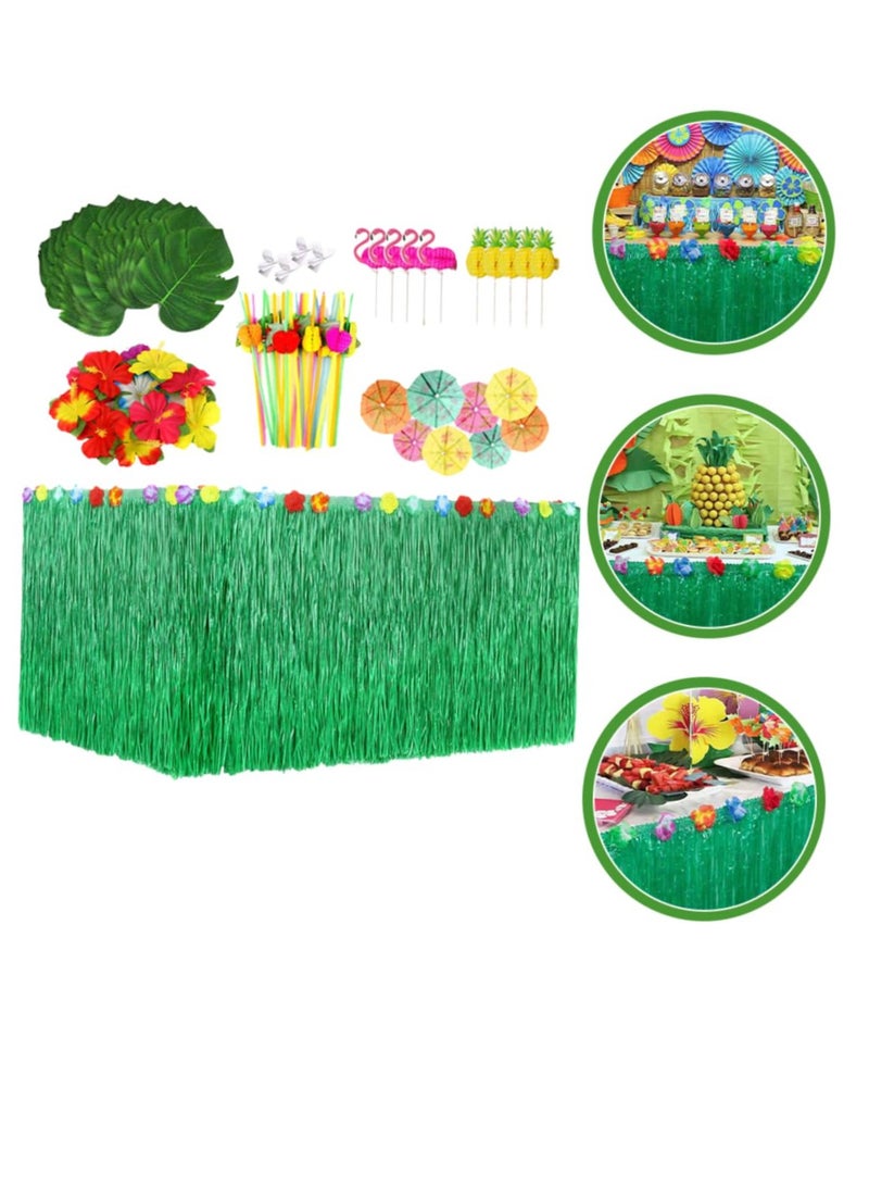 Tropical Luau Party Decoration Pack, Hawaiian Beach Theme Party Favors Luau Party Supplies (83 PCS), Including Green Hawaiian Table Skirt, Pineapple, Flamingo, Leaf, Flower, Small Umbrella, Straw