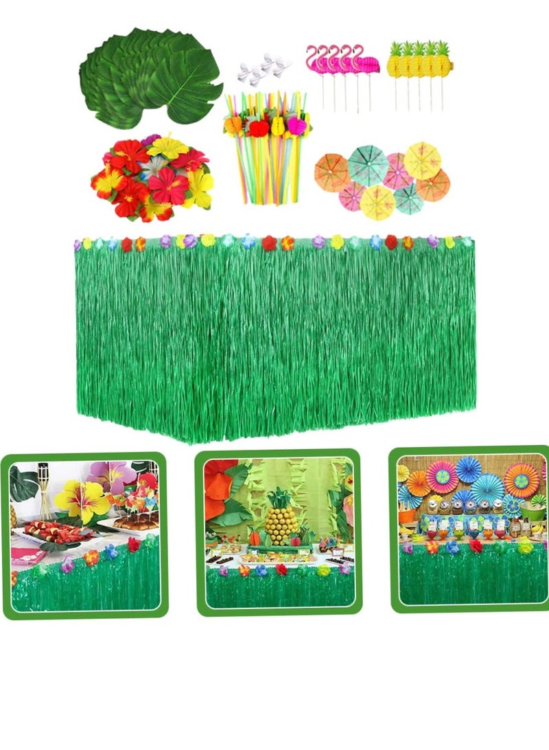 Tropical Luau Party Decoration Pack, Hawaiian Beach Theme Party Favors Luau Party Supplies (83 PCS), Including Green Hawaiian Table Skirt, Pineapple, Flamingo, Leaf, Flower, Small Umbrella, Straw