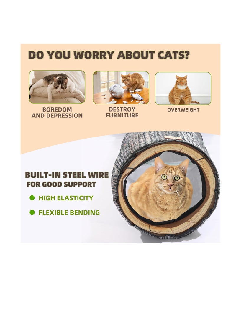 Cat Tunnels Collapsible Pet Tube, Interactive Tree Trunk Cat Activity Play Tunnels with Peek Holes Plush Bell Toys, Cat Play Tunnel Toy for Indoor Exercise, Tree Designs Cats Gift, L