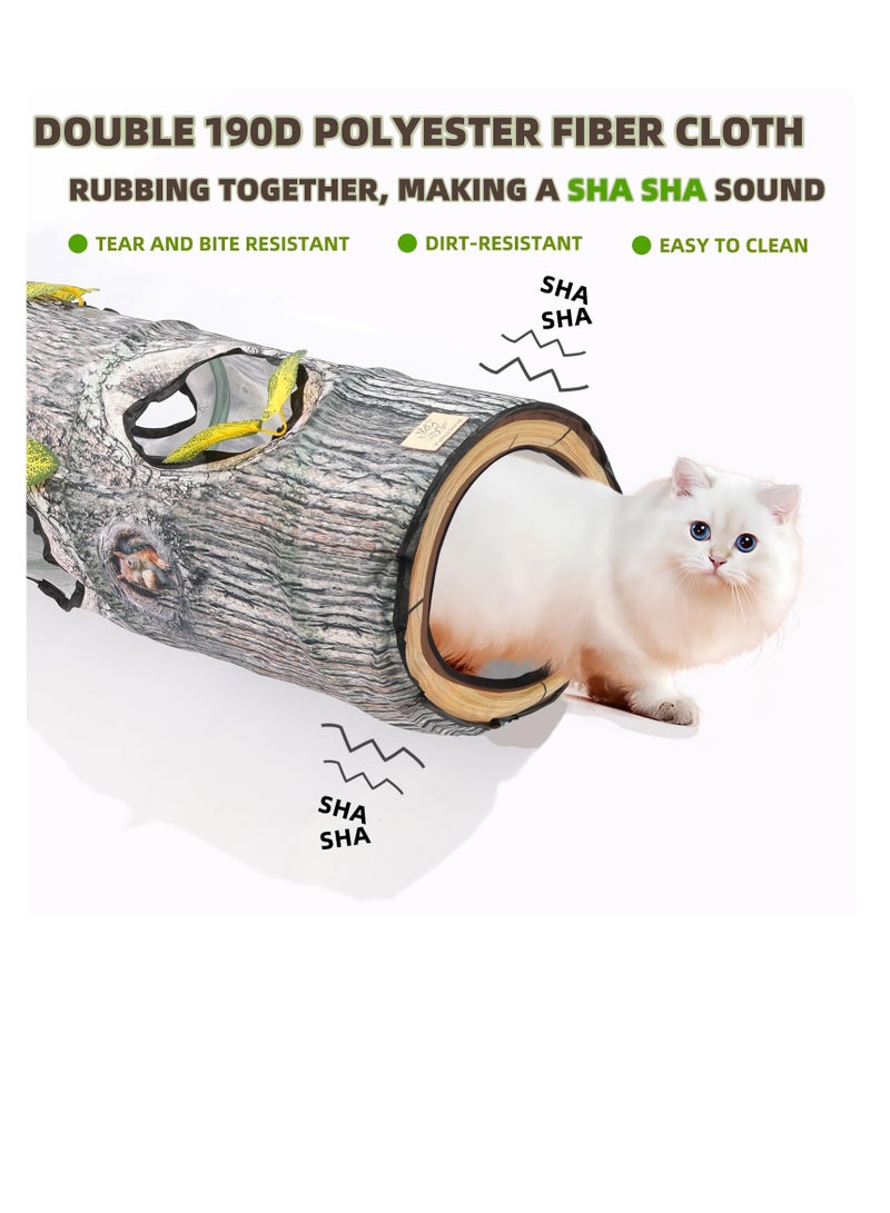 Cat Tunnels Collapsible Pet Tube, Interactive Tree Trunk Cat Activity Play Tunnels with Peek Holes Plush Bell Toys, Cat Play Tunnel Toy for Indoor Exercise, Tree Designs Cats Gift, L