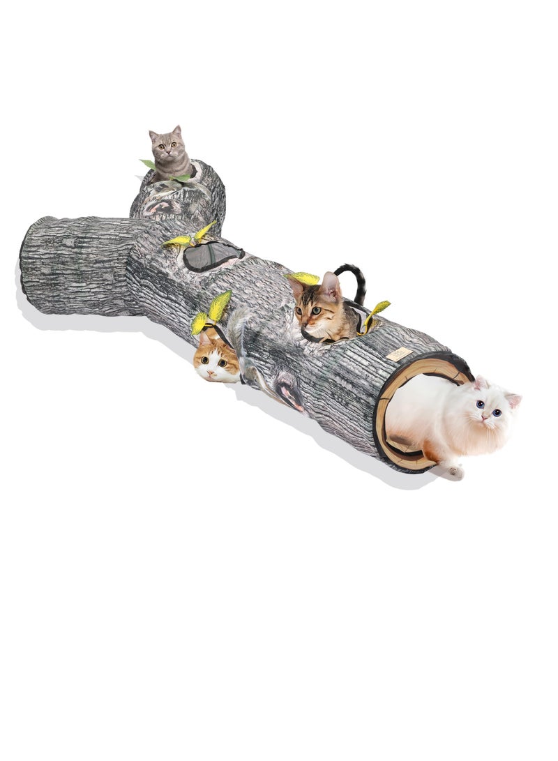 Cat Tunnels Collapsible Pet Tube, Interactive Tree Trunk Cat Activity Play Tunnels with Peek Holes Plush Bell Toys, Cat Play Tunnel Toy for Indoor Exercise, Tree Designs Cats Gift, L