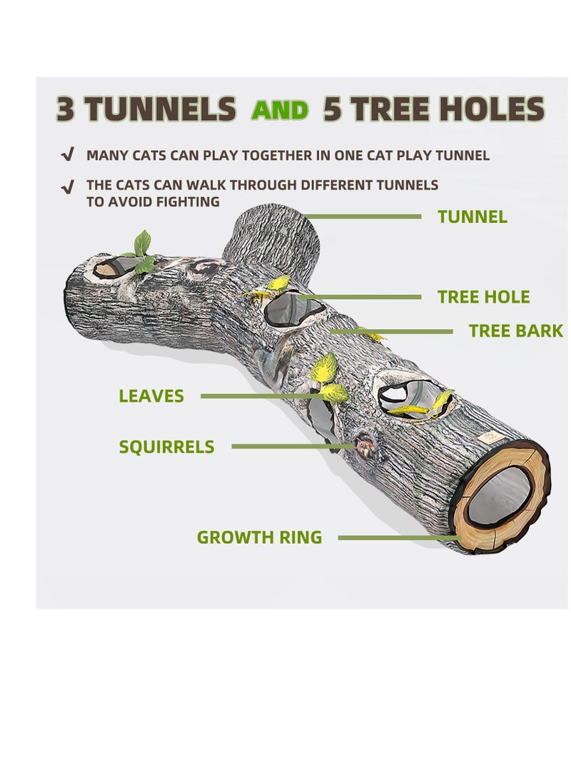 Cat Tunnels Collapsible Pet Tube, Interactive Tree Trunk Cat Activity Play Tunnels with Peek Holes Plush Bell Toys, Cat Play Tunnel Toy for Indoor Exercise, Tree Designs Cats Gift, L