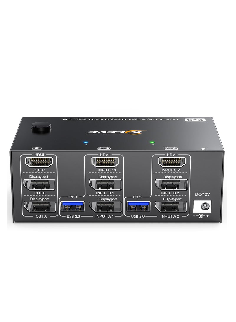 KVM Switch for 3 Monitors and 2 Computers, Supports 8K@60Hz and 4K@144Hz, HDMI + 2 DisplayPort, Triple Monitor Sharing, 4 USB 3.0 Ports, Includes Wired Remote and 5 Cables.