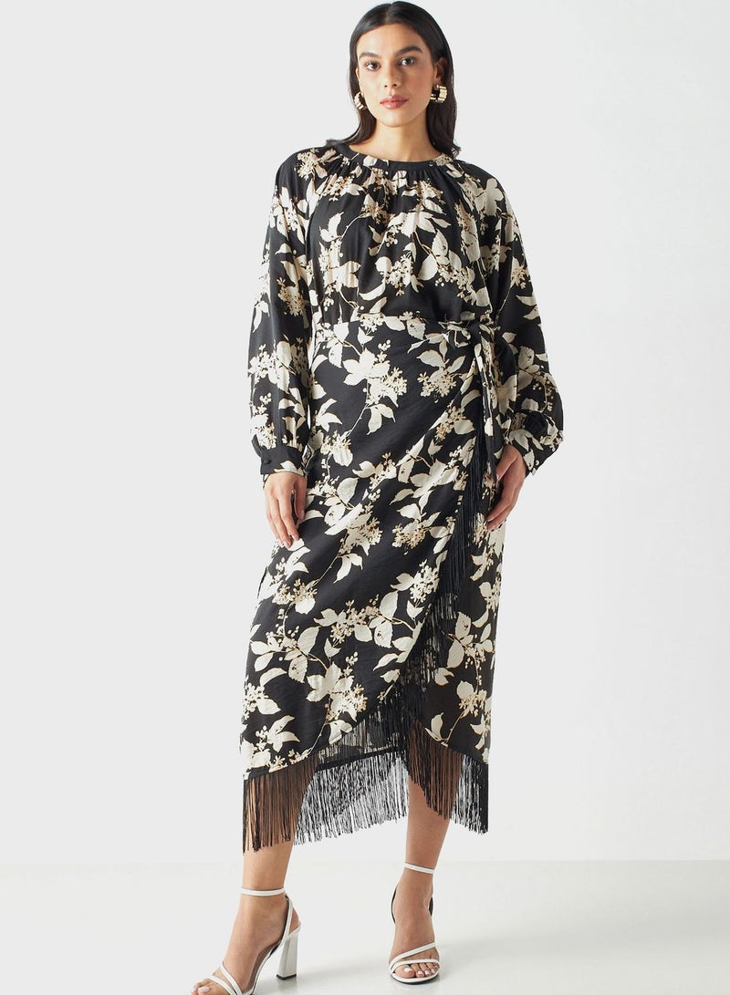 Fringe Hem Printed Skirt