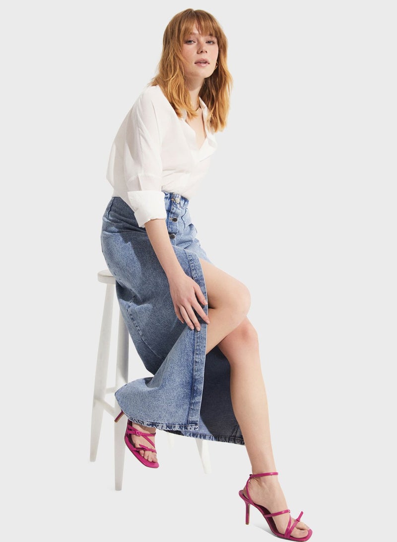 Button Detail Denim Skirt