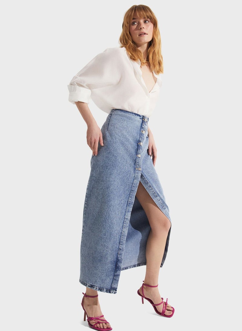 Button Detail Denim Skirt