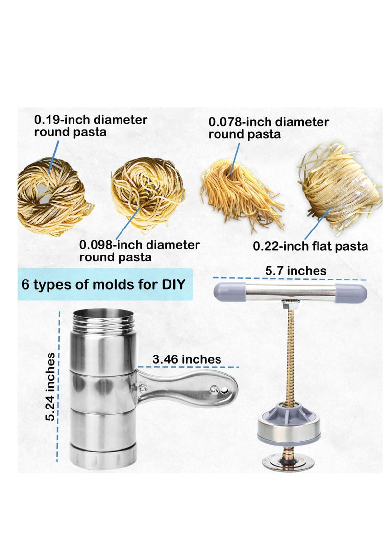 Pasta Maker Noodle Maker with 6 Mould Manual Pasta Machine Stainless Steel Ramen Noodle Press Spaghetti Maker Portable Pasta Machine Tools Suitable for Travel Picnic Camping Home