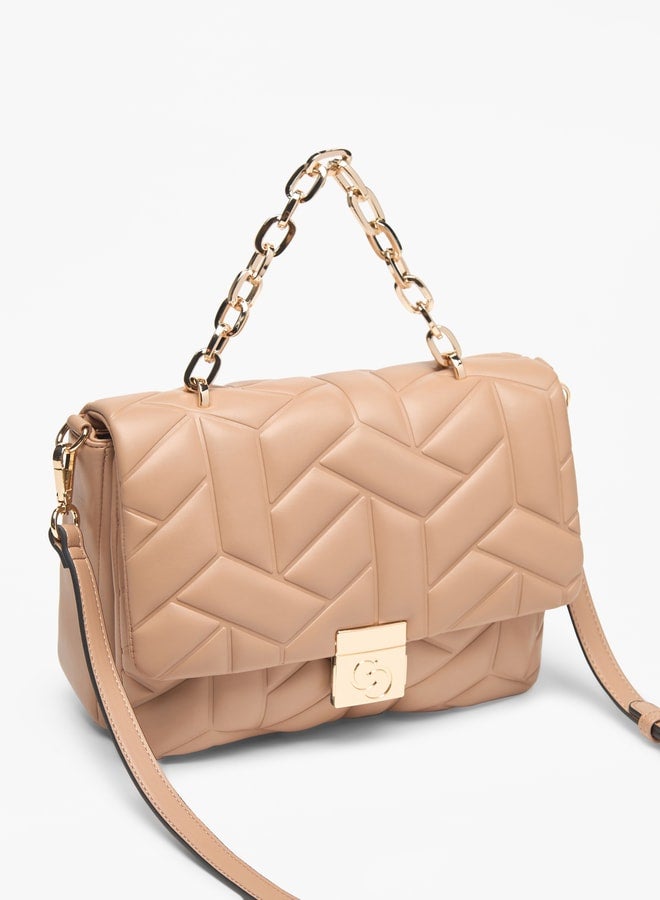 Quilted Satchel Bag with Flap Closure and Adjustable Strap