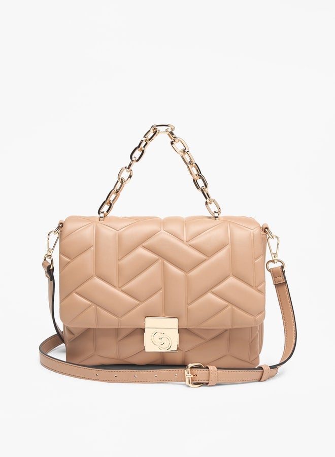 Quilted Satchel Bag with Flap Closure and Adjustable Strap