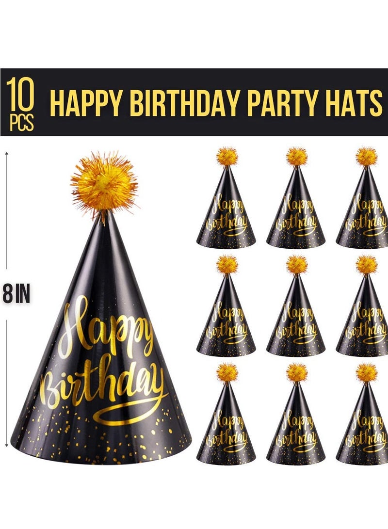 Birthday Party Hats Fun Celebration Kit of 10 Black and Gold Happy Cone for Kids Supplies Decorations