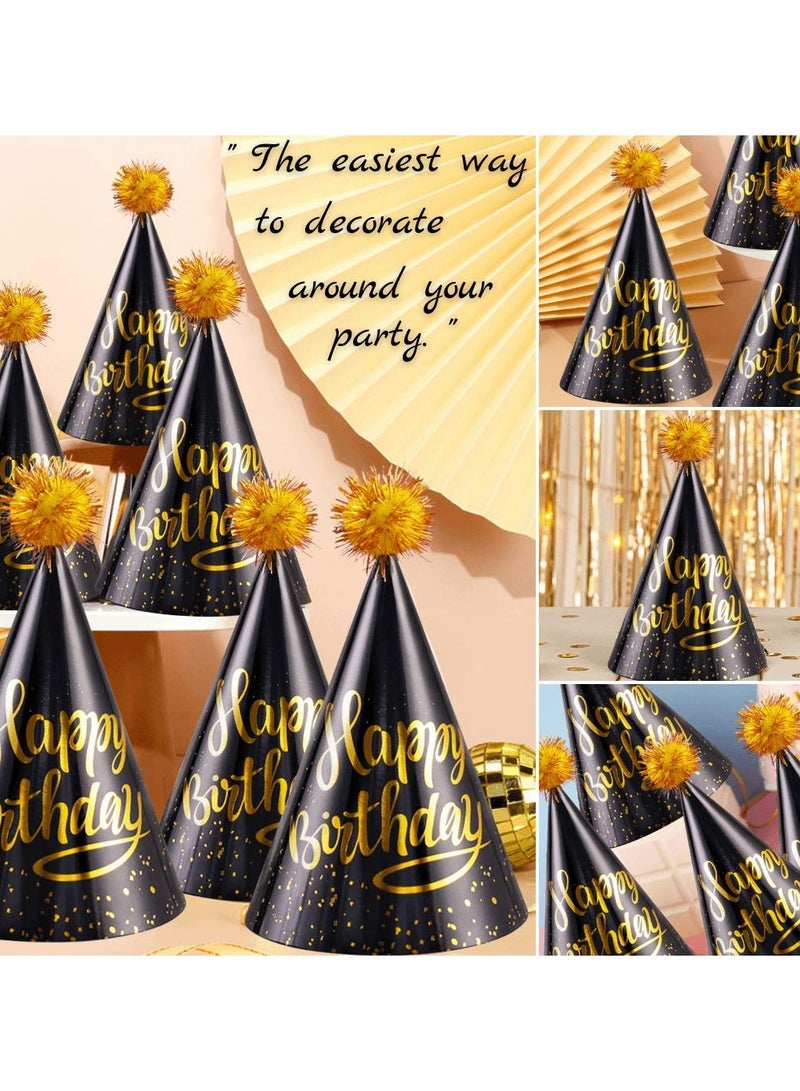 Birthday Party Hats Fun Celebration Kit of 10 Black and Gold Happy Cone for Kids Supplies Decorations