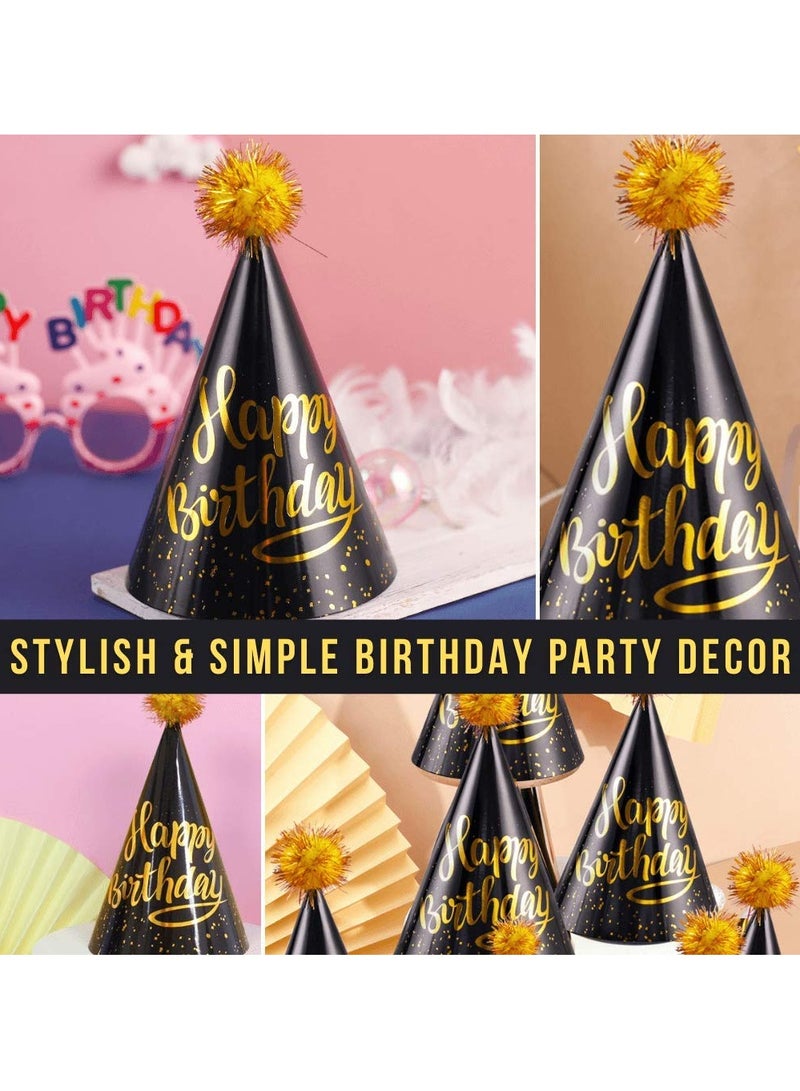 Birthday Party Hats Fun Celebration Kit of 10 Black and Gold Happy Cone for Kids Supplies Decorations