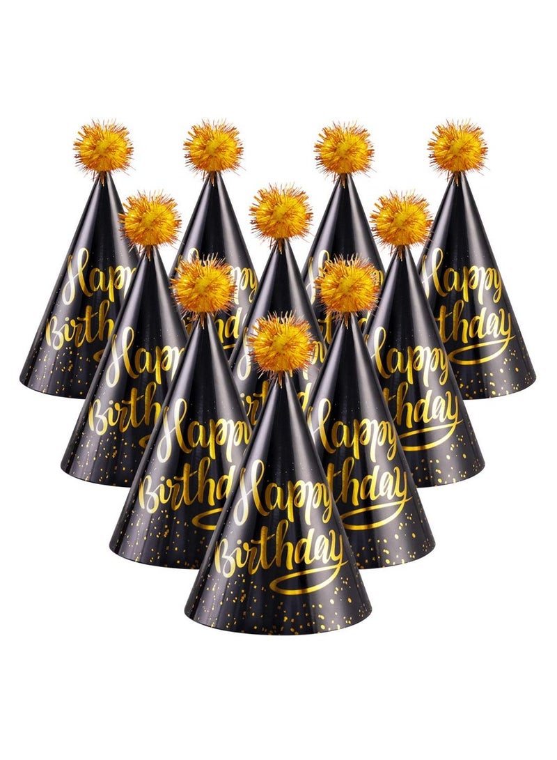 Birthday Party Hats Fun Celebration Kit of 10 Black and Gold Happy Cone for Kids Supplies Decorations