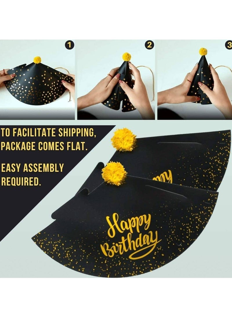 Birthday Party Hats Fun Celebration Kit of 10 Black and Gold Happy Cone for Kids Supplies Decorations