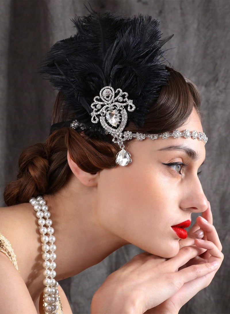 1920s Feather Headpiece, Womens Ostrich Feather Crystal Headband, Great Gatsby Hair Accessories for Women, Ribbon Tie, Flapper Accessories, Art Deco Headpiece (Black)