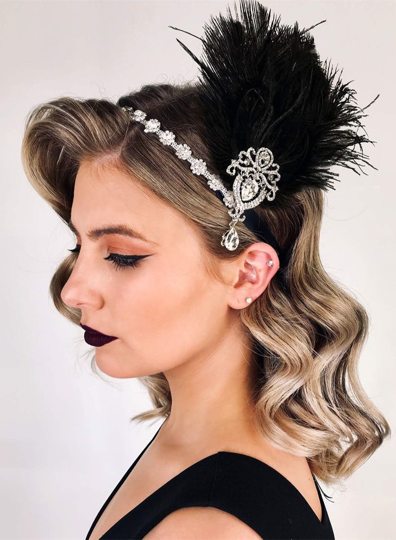 1920s Feather Headpiece, Womens Ostrich Feather Crystal Headband, Great Gatsby Hair Accessories for Women, Ribbon Tie, Flapper Accessories, Art Deco Headpiece (Black)