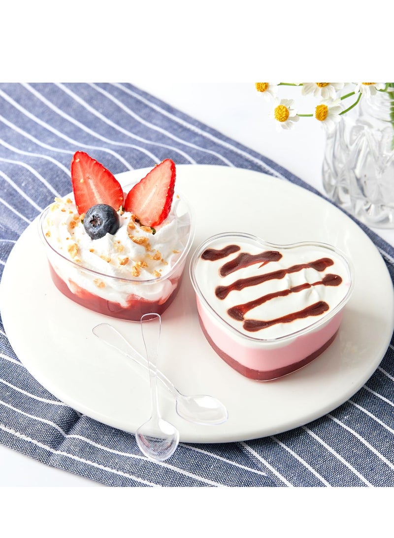 Heart Shaped Dessert Cups with Lids and Spoons, 5 oz Mini Dessert Shooter Cups Cute Plastic Parfait Cups for Valentine's Day Party Wedding Serving Cheesecake Mousse Pudding (50 Pack)