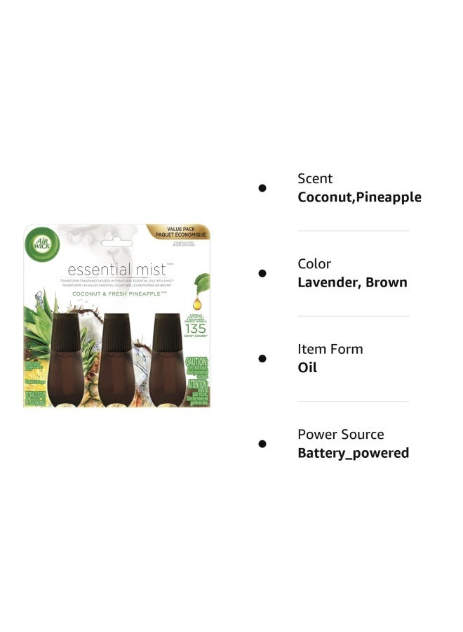 Essential Mist Refill 3Ct Coconut And Pineapple Essential Oils Air Freshener Diffuser Not Included