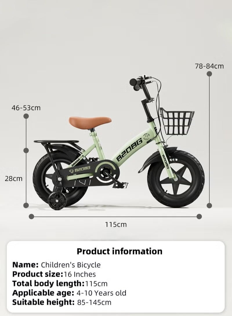 Kids Bike, Toddler Balance Bike with 16-inch Wheels, Training Bicycles, Kids' Road Bicycles with Training Wheels, Hand Brake and Basket,  for Ages 4 to 10 Years Boys Girls