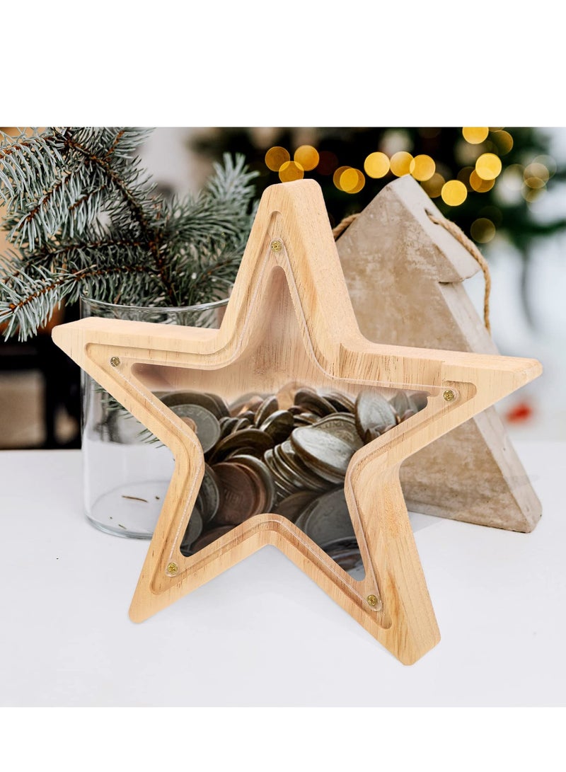 Home Decor Wooden Money Bank Piggy Banks for Teenagers Star Shaped Coin Bank See Through Piggy Bank for Boys Girls Baby First Savings Bank Nursery Decoration Vintage Decor