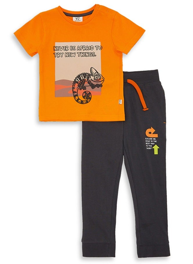 2-Piece Summer Outfit Set Orange & Grey for Baby Boys - T-Shirt & joggers