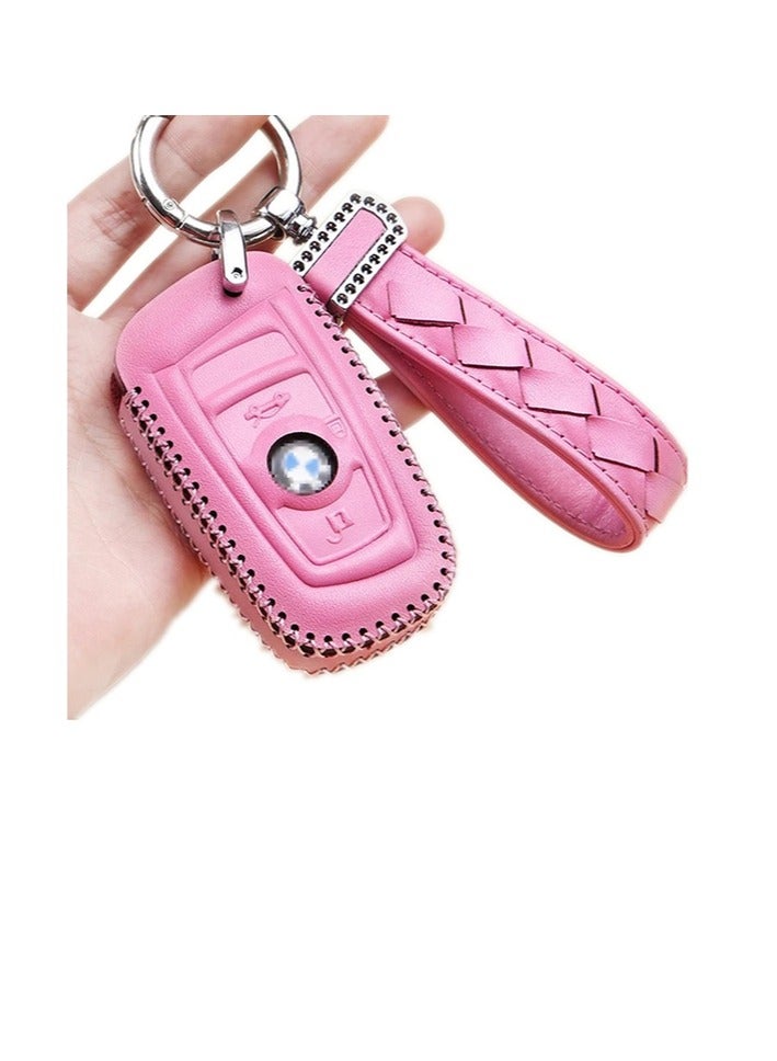 BMW Genuine Leather Key Case cover Shell For BMW 3-Button Keyless Entry Remote Control Smart Car Key Protection Fob Skin cover Etui with Braided Key Chain & Key Rings (Pink)