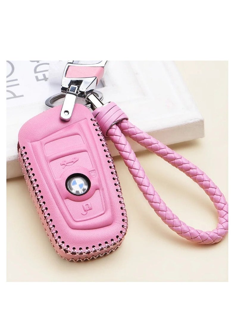 BMW Genuine Leather Key Case cover Shell For BMW 3-Button Keyless Entry Remote Control Smart Car Key Protection Fob Skin cover Etui with Braided Key Chain & Key Rings (Pink)