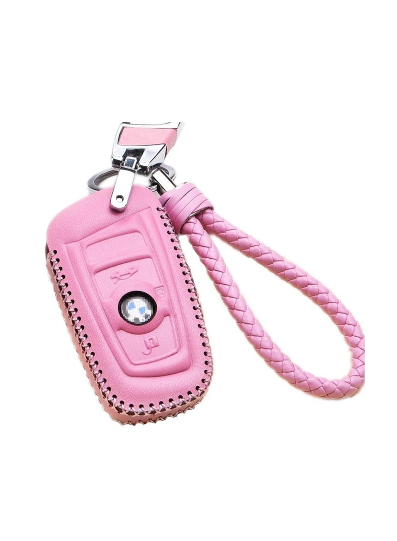 BMW Genuine Leather Key Case cover Shell For BMW 3-Button Keyless Entry Remote Control Smart Car Key Protection Fob Skin cover Etui with Braided Key Chain & Key Rings (Pink)