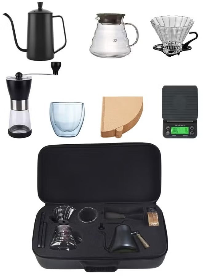 V60 coffee set, manual coffee accessory set, all in a portable travel bag 57*16*27cm,Coffee Kettle with Drip Filter Coffee Share Pot, Filters, Coffee Scale, Double wall Mug, Manual Coffee Grinder