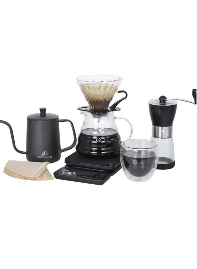 V60 coffee set, manual coffee accessory set, all in a portable travel bag 57*16*27cm,Coffee Kettle with Drip Filter Coffee Share Pot, Filters, Coffee Scale, Double wall Mug, Manual Coffee Grinder