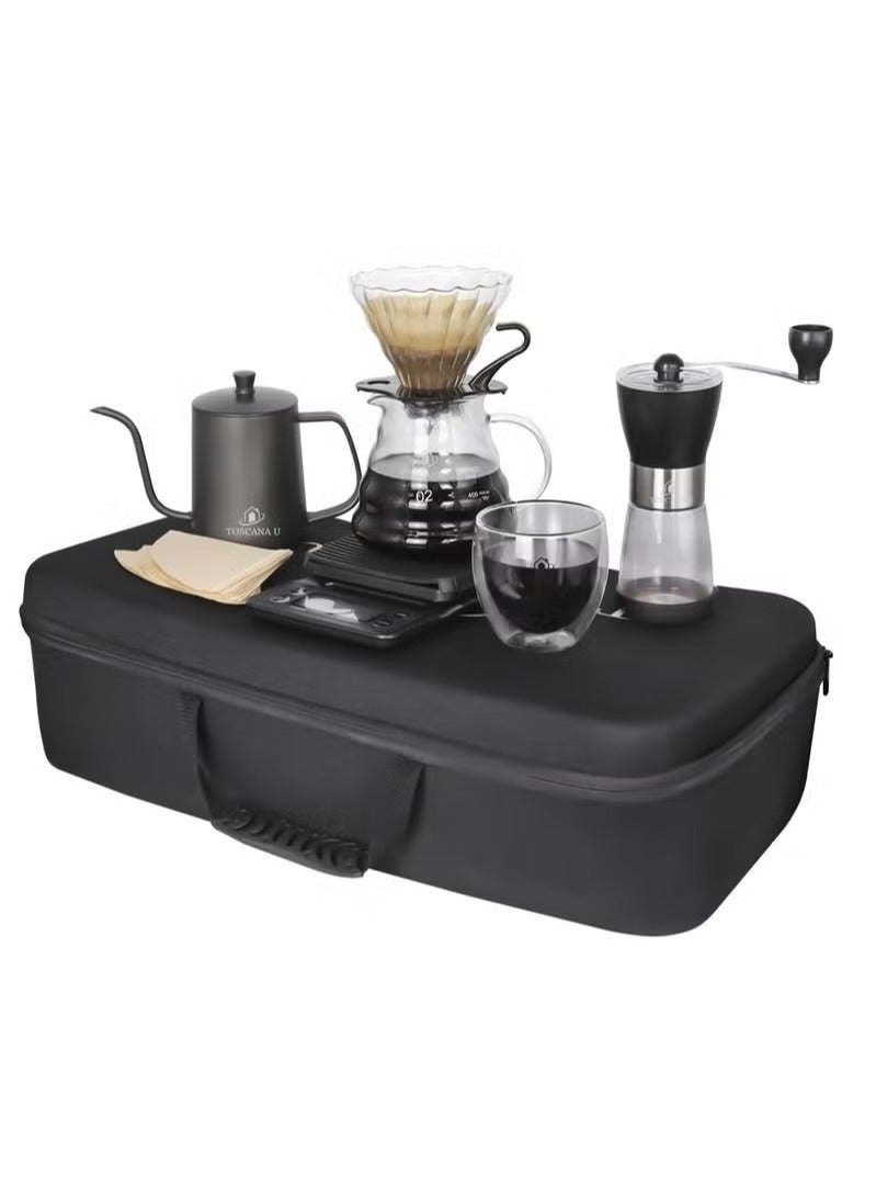 V60 coffee set, manual coffee accessory set, all in a portable travel bag 57*16*27cm,Coffee Kettle with Drip Filter Coffee Share Pot, Filters, Coffee Scale, Double wall Mug, Manual Coffee Grinder