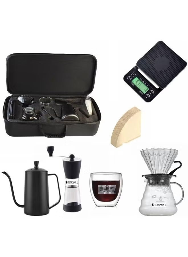 V60 coffee set, manual coffee accessory set, all in a portable travel bag 57*16*27cm,Coffee Kettle with Drip Filter Coffee Share Pot, Filters, Coffee Scale, Double wall Mug, Manual Coffee Grinder