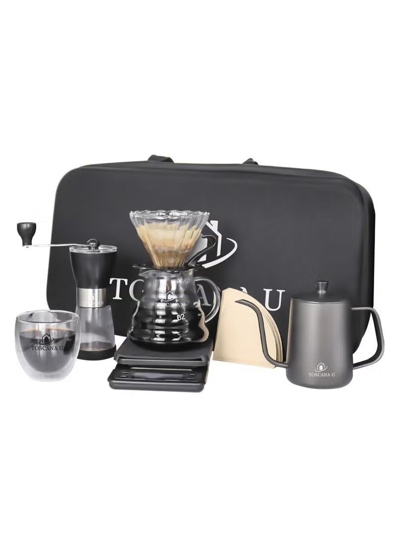 V60 coffee set, manual coffee accessory set, all in a portable travel bag 57*16*27cm,Coffee Kettle with Drip Filter Coffee Share Pot, Filters, Coffee Scale, Double wall Mug, Manual Coffee Grinder