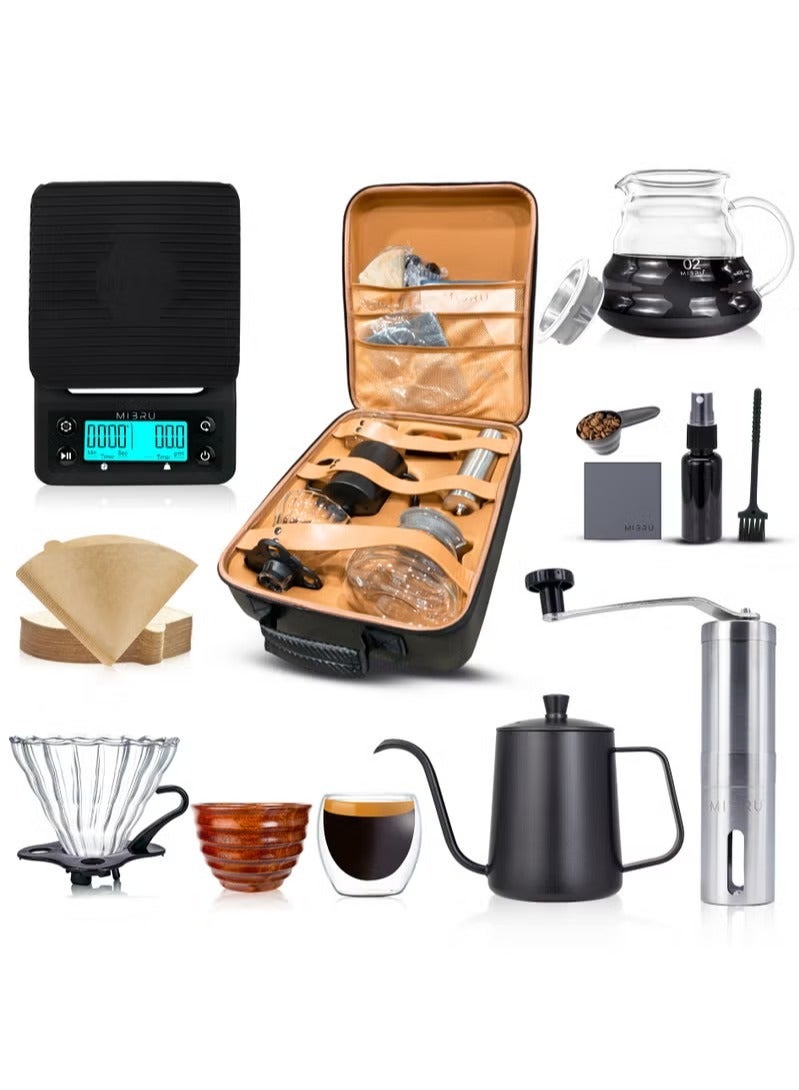 V60 Coffee Set - 12 Pieces with Portable Carry Case, Coffee Kettle with Drip Filter Coffee Share Pot, Filters, Coffee Scale, Double wall Mug, Manual Coffee Grinder