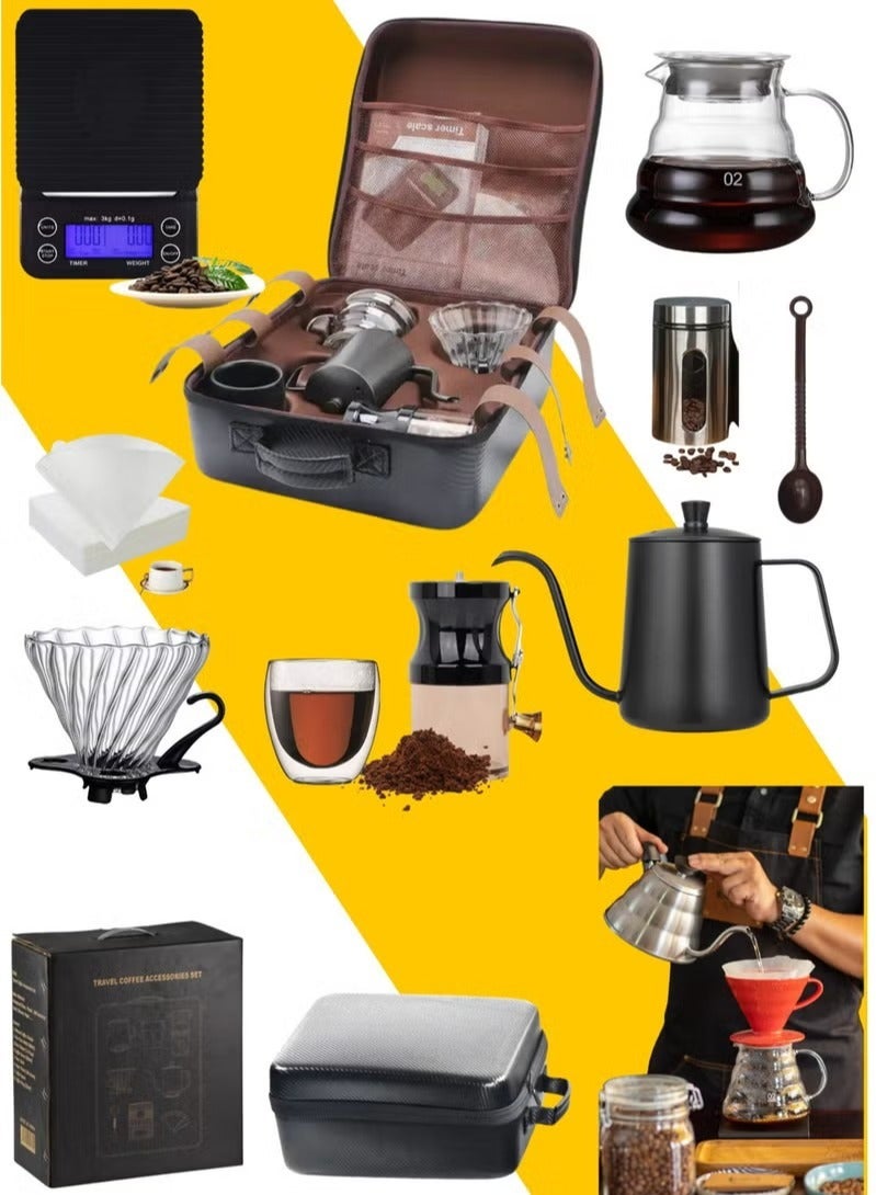 V60 Coffee Set - 9 Pieces with Portable Carry Case, Coffee Kettle with Drip Filter Coffee Share Pot, Filters, Coffee Scale, Double wall Mug, Manual Coffee Grinder