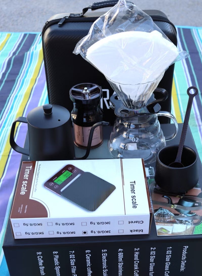 V60 Coffee Set - 9 Pieces with Portable Carry Case, Coffee Kettle with Drip Filter Coffee Share Pot, Filters, Coffee Scale, Double wall Mug, Manual Coffee Grinder