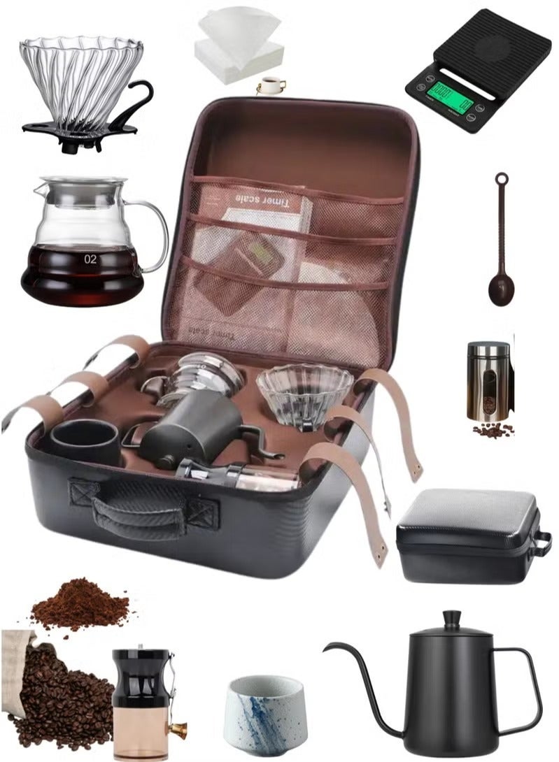 V60 Coffee Set - 9 Pieces with Portable Carry Case, Coffee Kettle with Drip Filter Coffee Share Pot, Filters, Coffee Scale, Double wall Mug, Manual Coffee Grinder