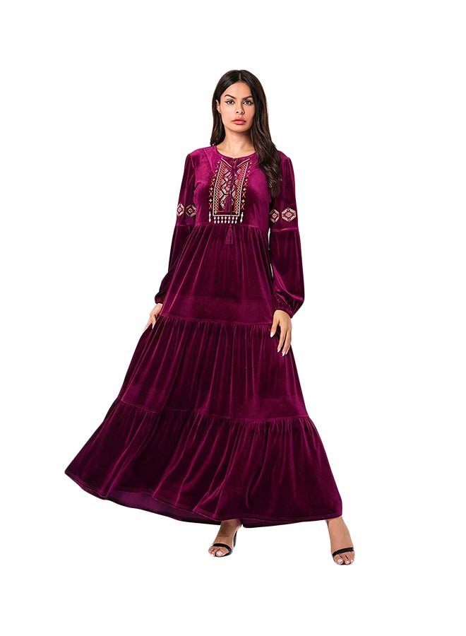 Casual Embroidered Long Sleeve Kaftan Dress Purple