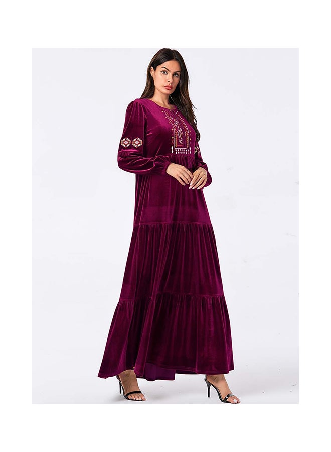 Casual Embroidered Long Sleeve Kaftan Dress Purple