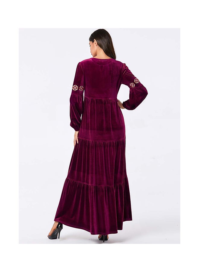 Casual Embroidered Long Sleeve Kaftan Dress Purple