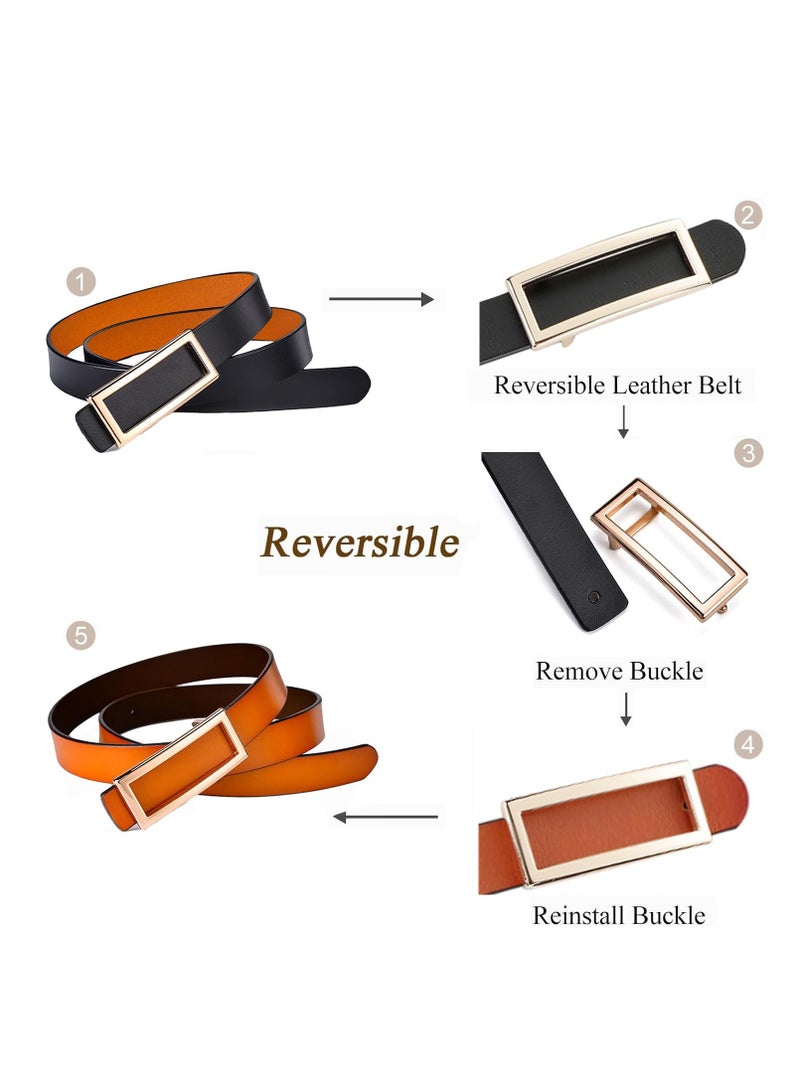 Reversible Leather Belt for Women, 2 Pack Fashion Belts with Gold Buckle, Women's Belt for Jeans, Dress, Pants, 2.3CM (0.9'') Width, Black and Brown