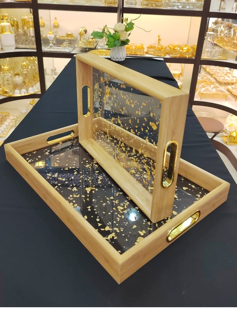 2Pack Serving Trays Perfect for Indoor & Outdoor Use Acrylic Interior & Wooden Exterior Ideal for Appetizers Pizza & Fruit Sturdy Handles for Easy Transport