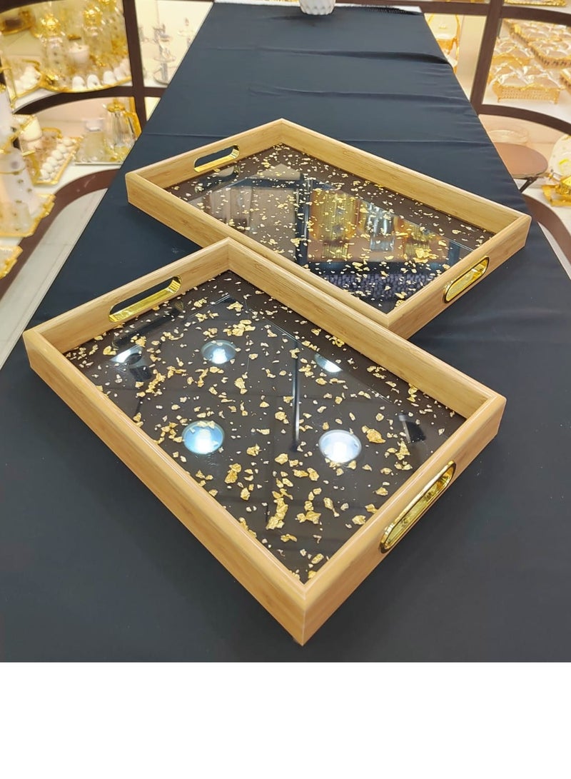 2Pack Serving Trays Perfect for Indoor & Outdoor Use Acrylic Interior & Wooden Exterior Ideal for Appetizers Pizza & Fruit Sturdy Handles for Easy Transport