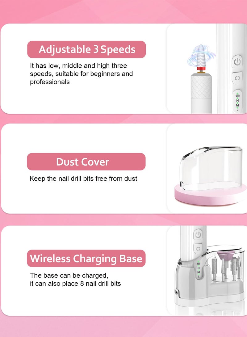 Cordless Electric Nail Drill, Professional Acrylic Nail Drill Machine For Acrylic And Gel Nails, Manicure And Pedicure Nail File For Polishing And Shaping, White