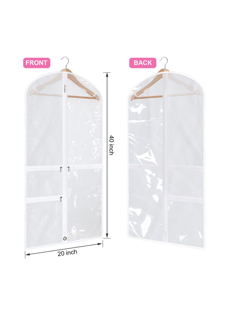 4 Pack Garment Bags for Dance Costumes Kids 40 Inch Clothing Bags for Hanging Clothes with 3 Clear Zipper Pocket Waterproof Garment Cover for Dance Competition, Travel, Closet Storage (White)