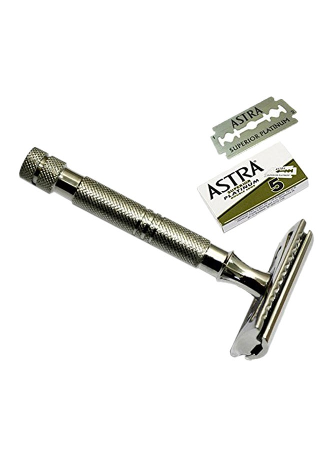 Long Handled Safety Razor With 5 Double Edge Razor Blades Silver 2X4X2.8inch